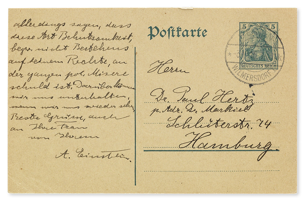 EINSTEIN, ALBERT. Three items Signed, Einstein or A. Einstein, each to Paul Hertz, in German: two Autograph Letters * Autograph Pos